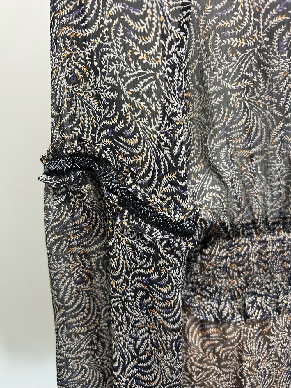 Endless Blu Sheer Boho Mini Dress Leaf Print Beaded Ruffle Black Cream - Picture 5 of 9